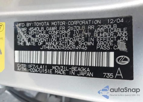 2005 Lexus Es 330 из США, поврежденный, VIN JTHBA30G455094946